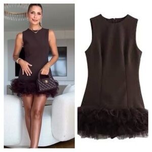Zara Black Sleeveless Mini Dress with Tulle Hem SIZE:MEDIUM